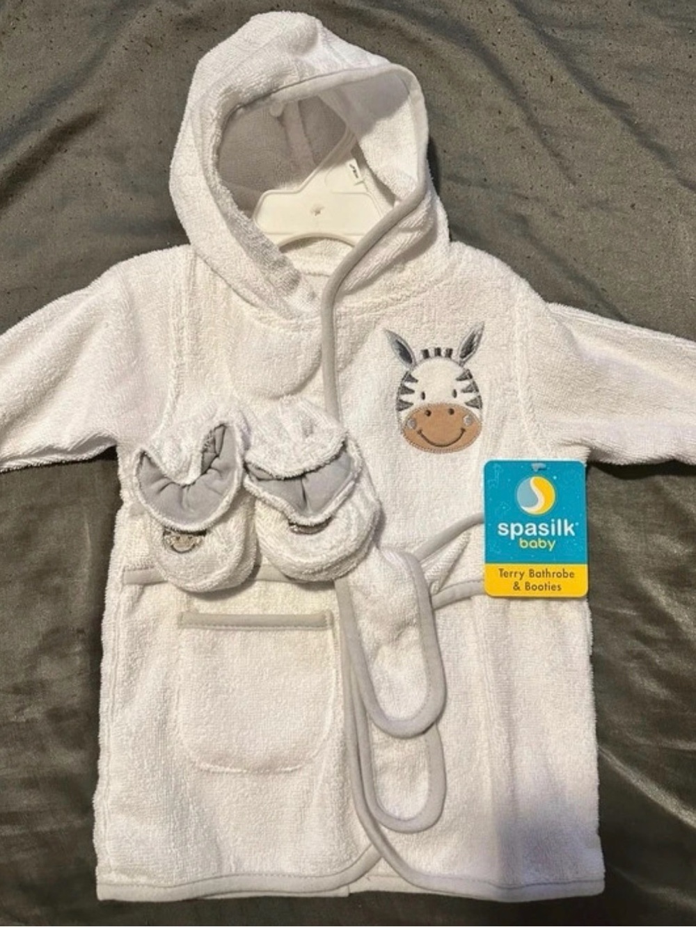 Spasilk Baby White Hooded Terry Bathrobe with Zebra Applique and Booties